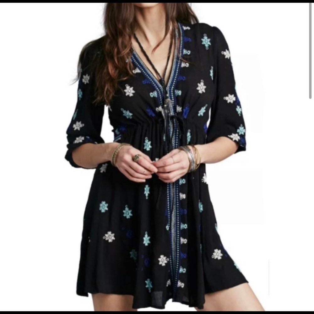 #339 Free People Star Gazer Black and Blue Embroidered Dress